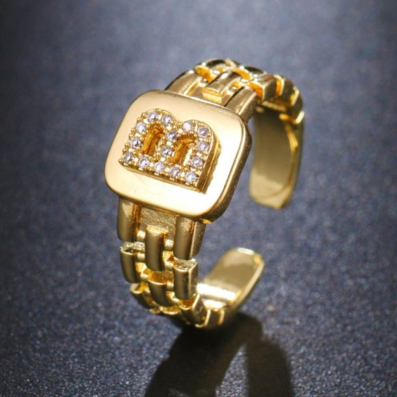 Lemonlimeblue Jewelry - Letter B 18K‎ Gold Plated Stainless Steel Watchband Zircon Adjustable Ring